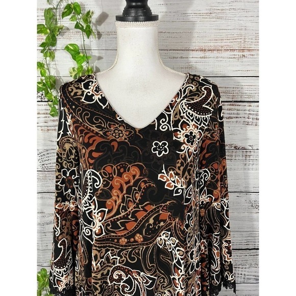 Nina Leonard Tunic Dress sz Small Black Brown Paisley Lace Boho Wedding Dinner - Picture 3 of 13